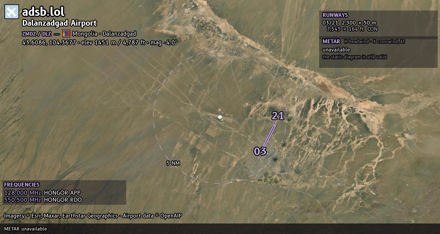 Satellite map with the runway layout of Dalanzadgad Airport (ZMDZ)