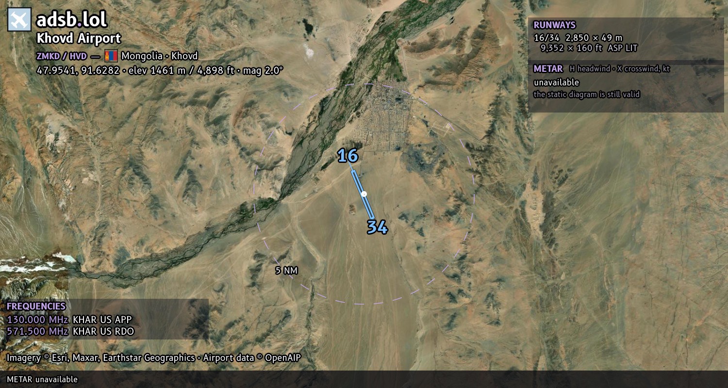 Satellite map with the runway layout of Khovd Airport (ZMKD)