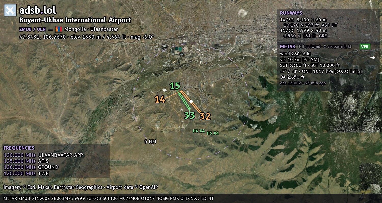 Satellite map with the runway layout of Buyant-Ukhaa International Airport (ZMUB)