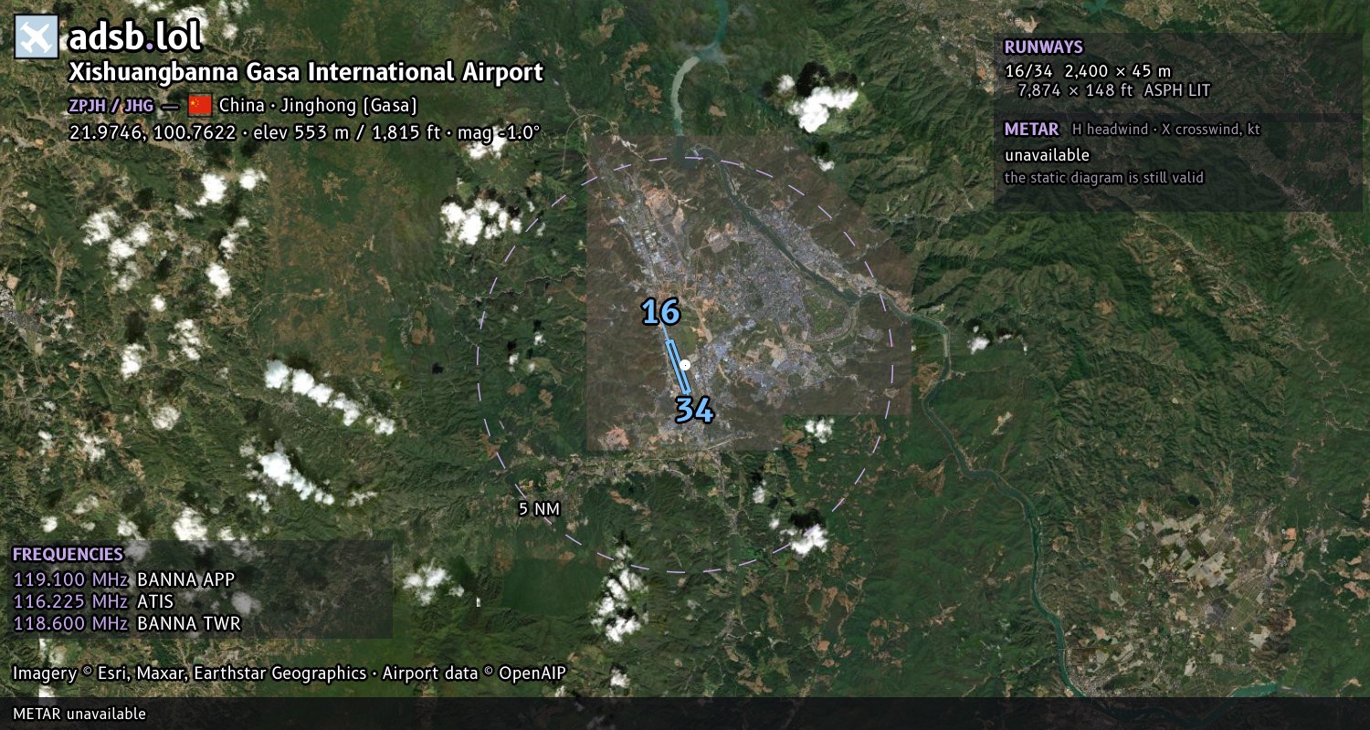 Satellite map with the runway layout of Xishuangbanna Gasa International Airport (ZPJH)