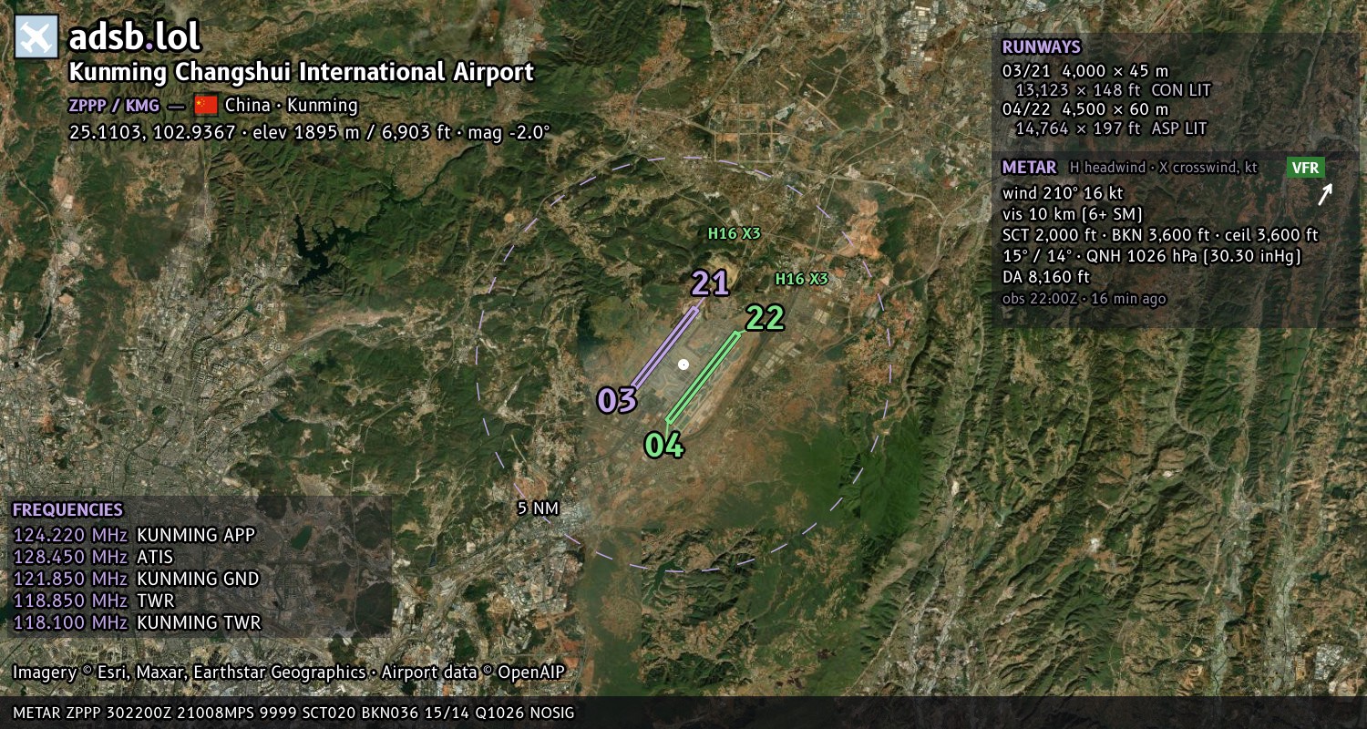 Satellite map with the runway layout of Kunming Changshui International Airport (ZPPP)