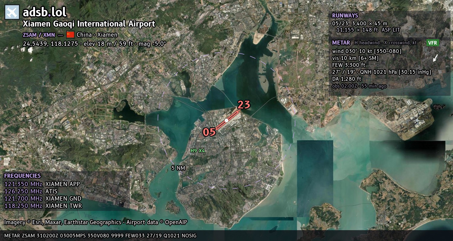 Satellite map with the runway layout of Xiamen Gaoqi International Airport (ZSAM)