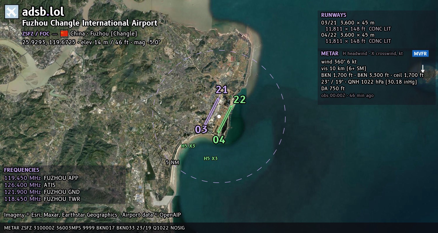 Satellite map with the runway layout of Fuzhou Changle International Airport (ZSFZ)