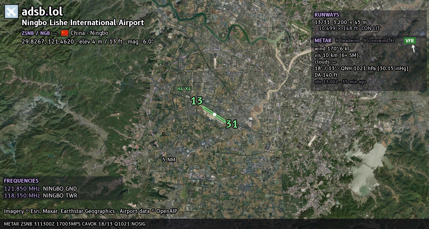 Satellite map with the runway layout of Ningbo Lishe International Airport (ZSNB)