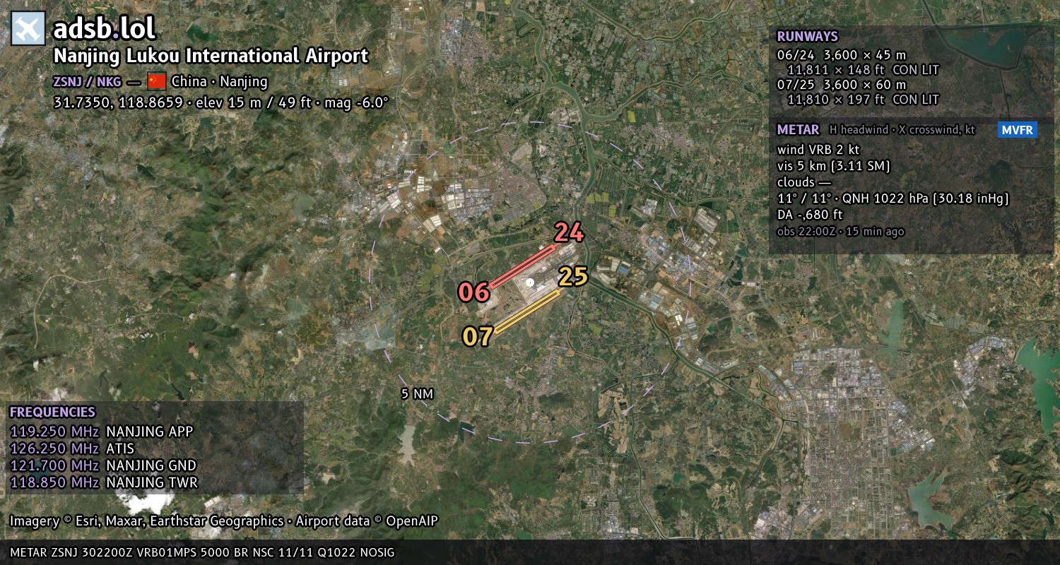 Satellite map with the runway layout of Nanjing Lukou International Airport (ZSNJ)