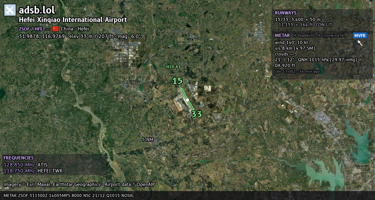 Satellite map with the runway layout of Hefei Xinqiao International Airport (ZSOF)