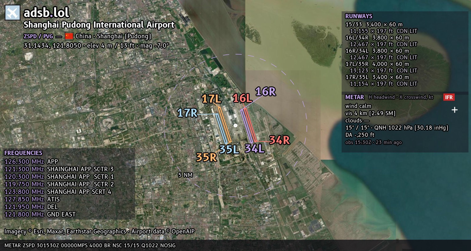 Satellite map with the runway layout of Shanghai Pudong International Airport (ZSPD)