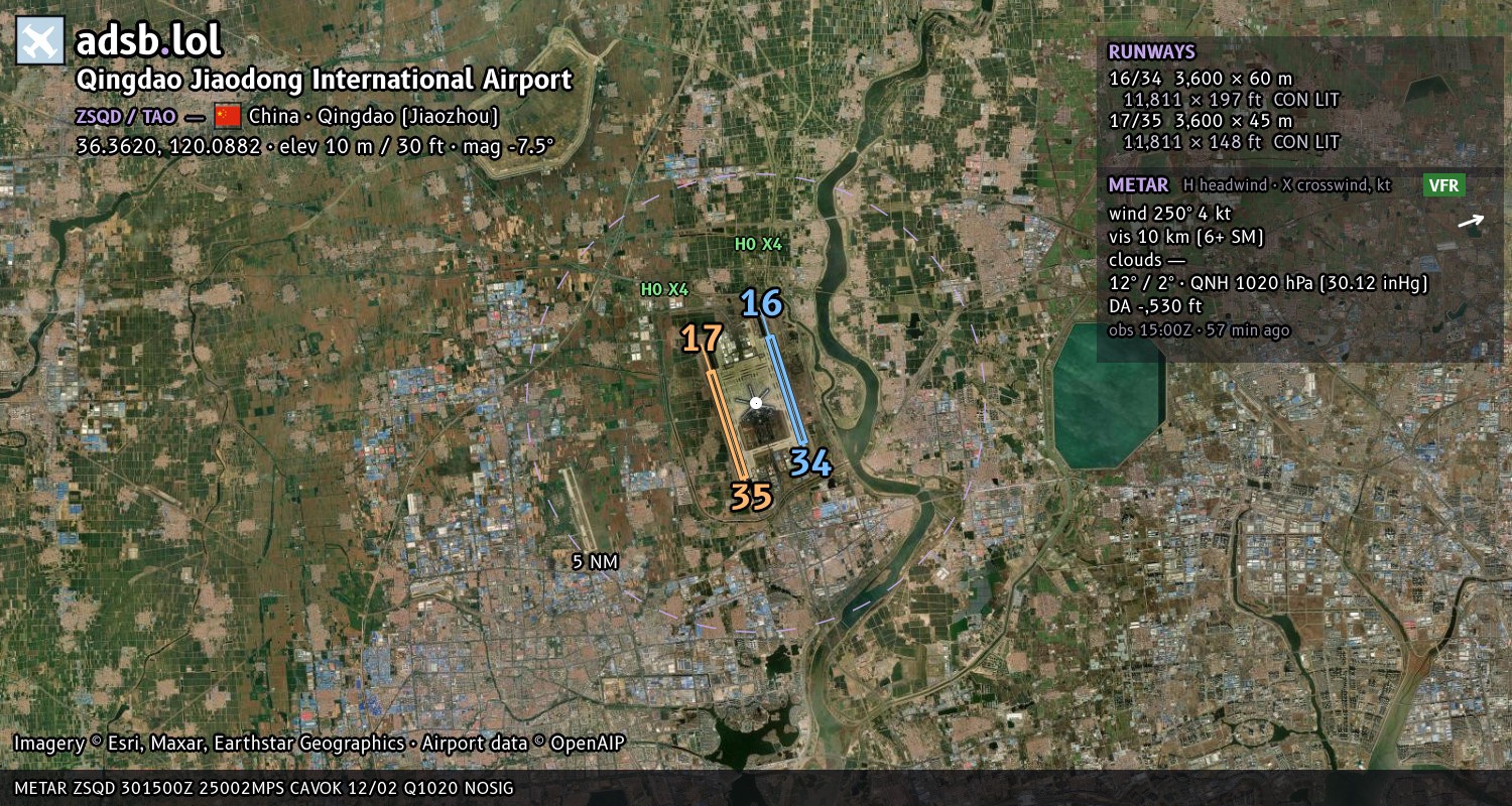 Satellite map with the runway layout of Qingdao Jiaodong International Airport (ZSQD)