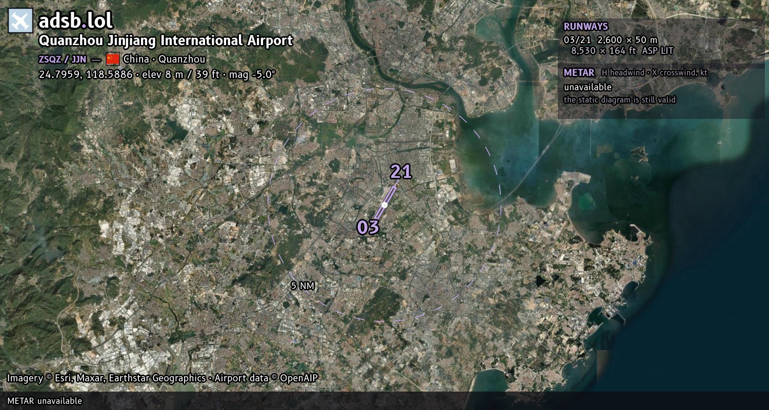 Satellite map with the runway layout of Quanzhou Jinjiang International Airport (ZSQZ)