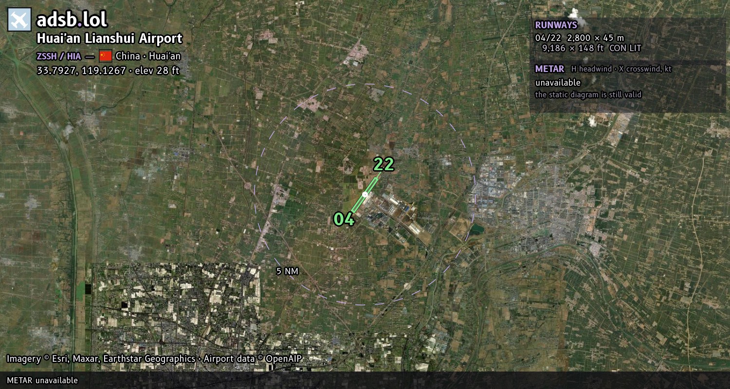 Satellite map with the runway layout of Huai'an Lianshui Airport (ZSSH)