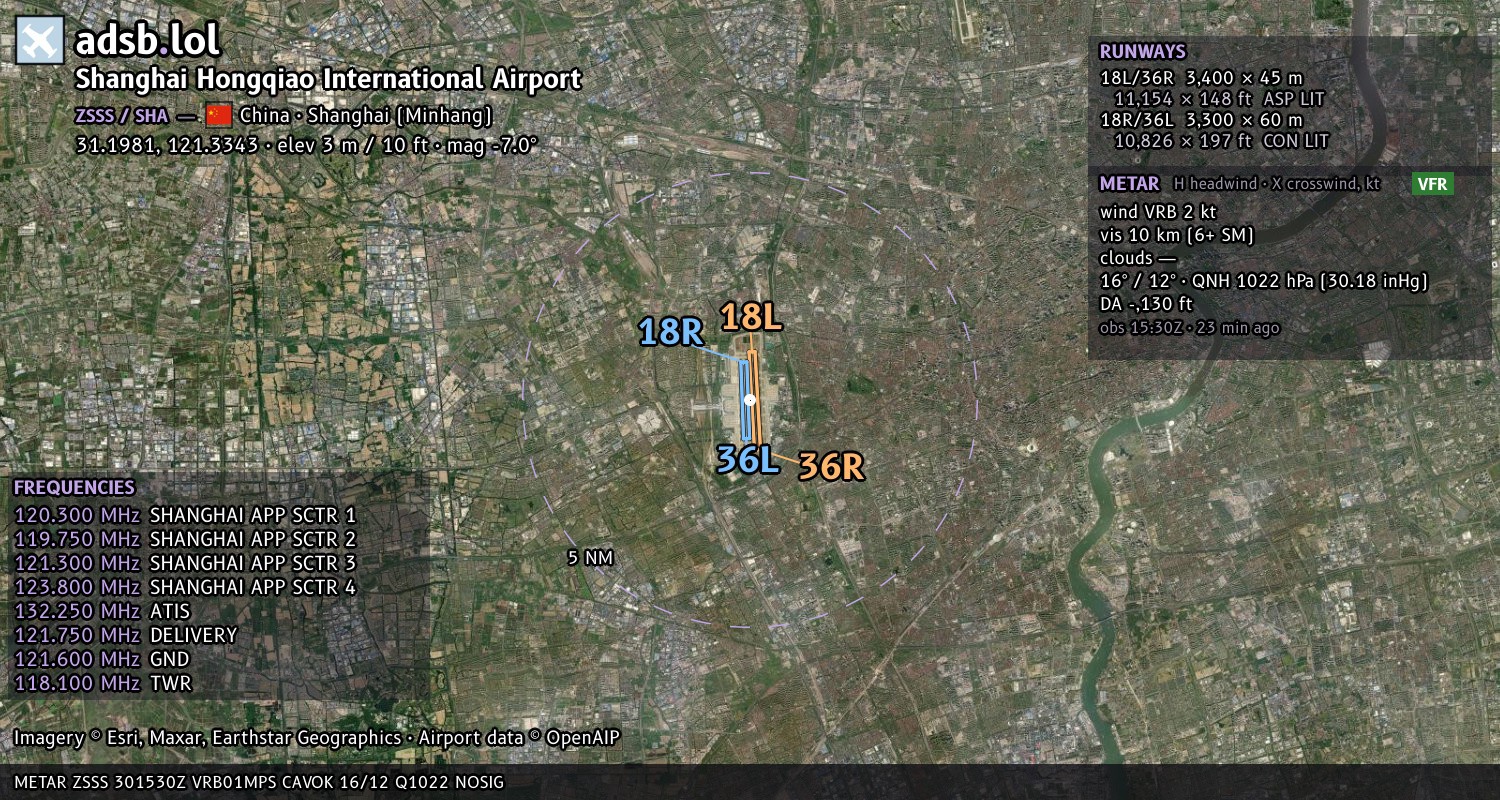 Satellite map with the runway layout of Shanghai Hongqiao International Airport (ZSSS)