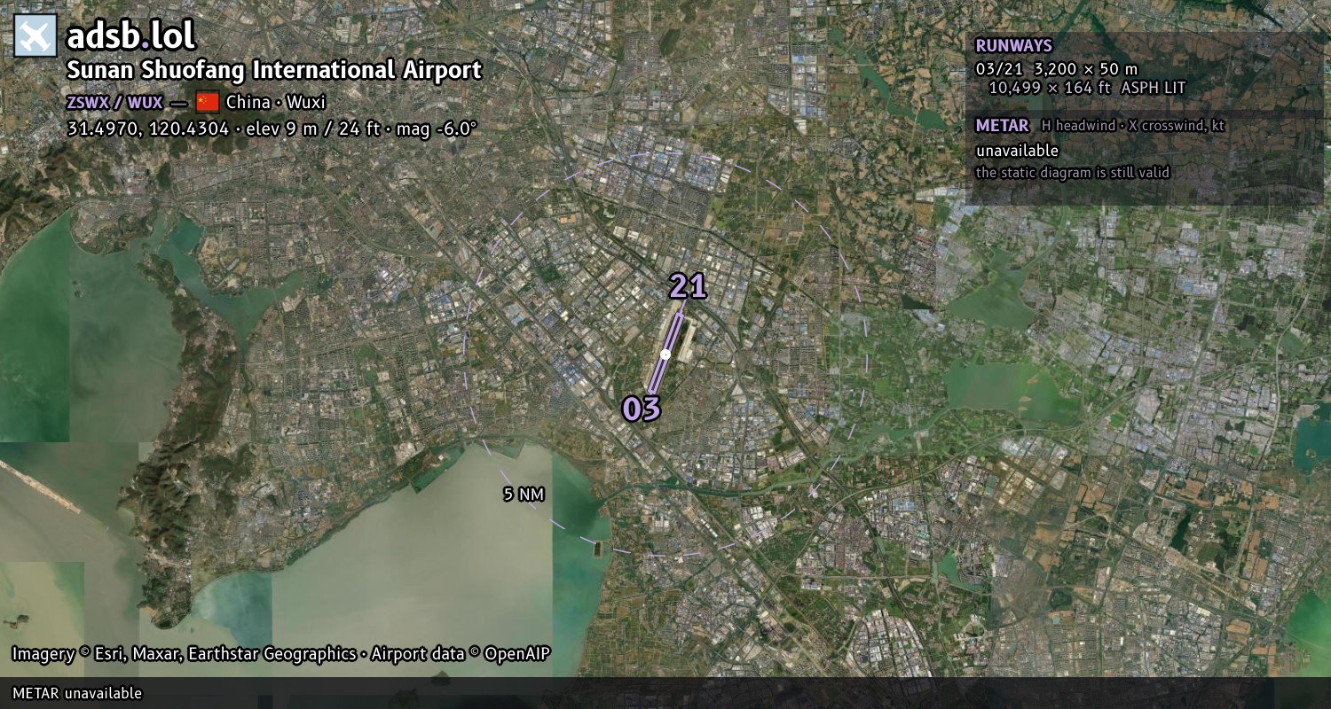 Satellite map with the runway layout of Sunan Shuofang International Airport (ZSWX)