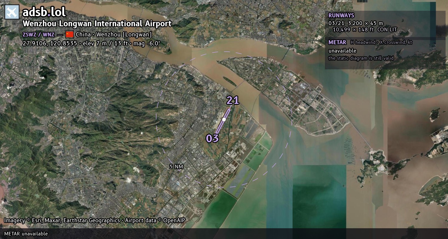 Satellite map with the runway layout of Wenzhou Longwan International Airport (ZSWZ)
