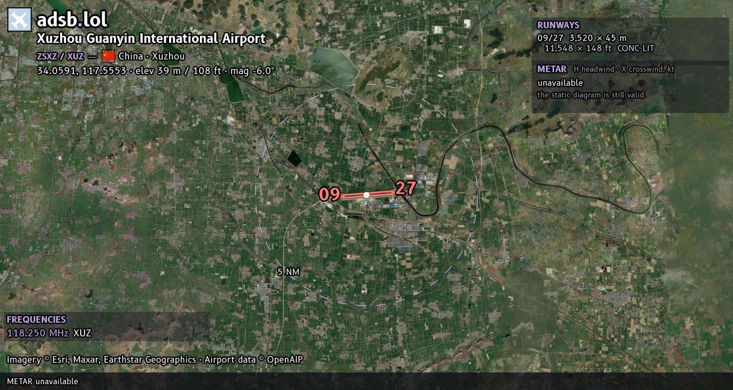 Satellite map with the runway layout of Xuzhou Guanyin International Airport (ZSXZ)