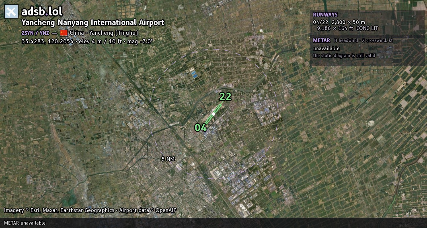 Satellite map with the runway layout of Yancheng Nanyang International Airport (ZSYN)