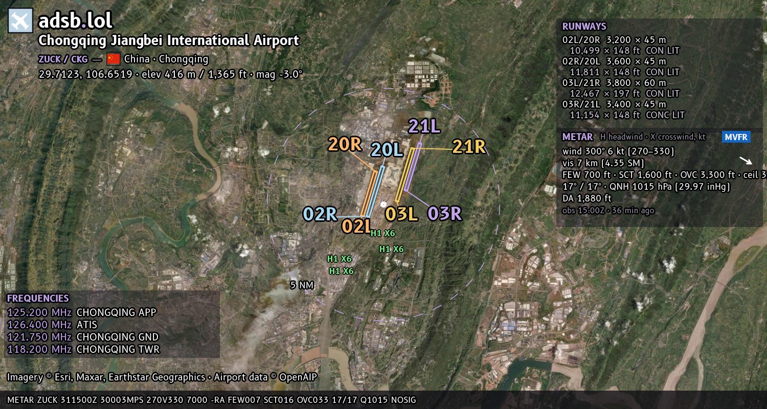 Satellite map with the runway layout of Chongqing Jiangbei International Airport (ZUCK)