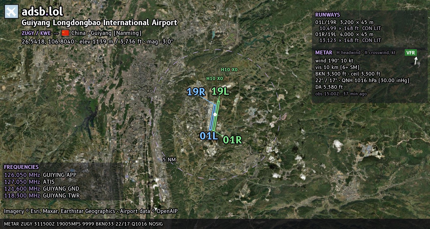 Satellite map with the runway layout of Guiyang Longdongbao International Airport (ZUGY)