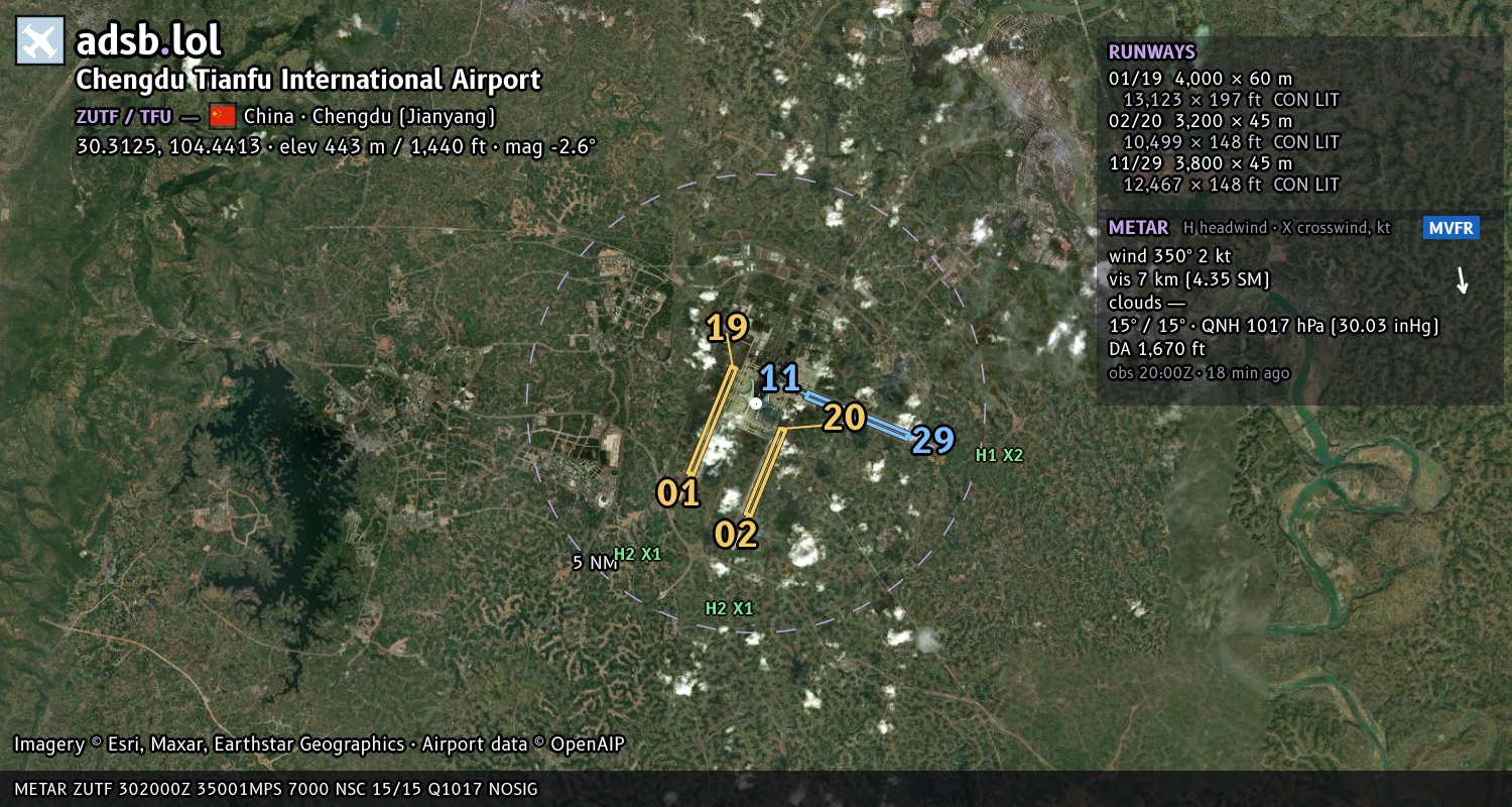 Satellite map with the runway layout of Chengdu Tianfu International Airport (ZUTF)