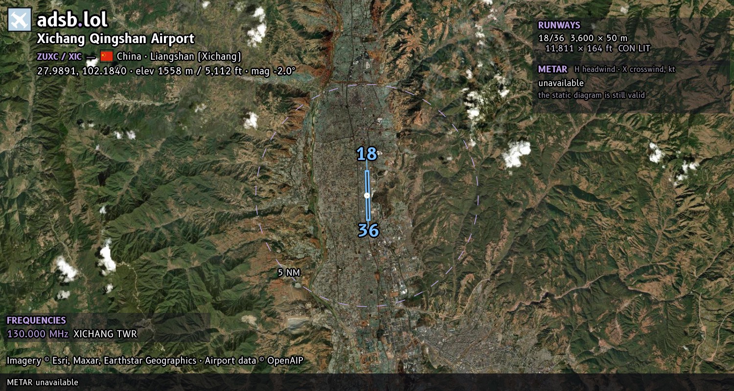 Satellite map with the runway layout of Xichang Qingshan Airport (ZUXC)