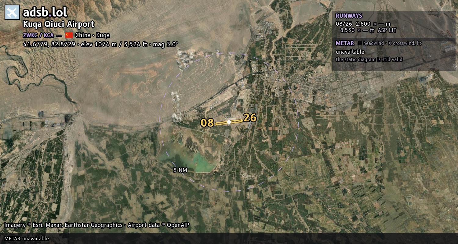 Satellite map with the runway layout of Kuqa Qiuci Airport (ZWKC)