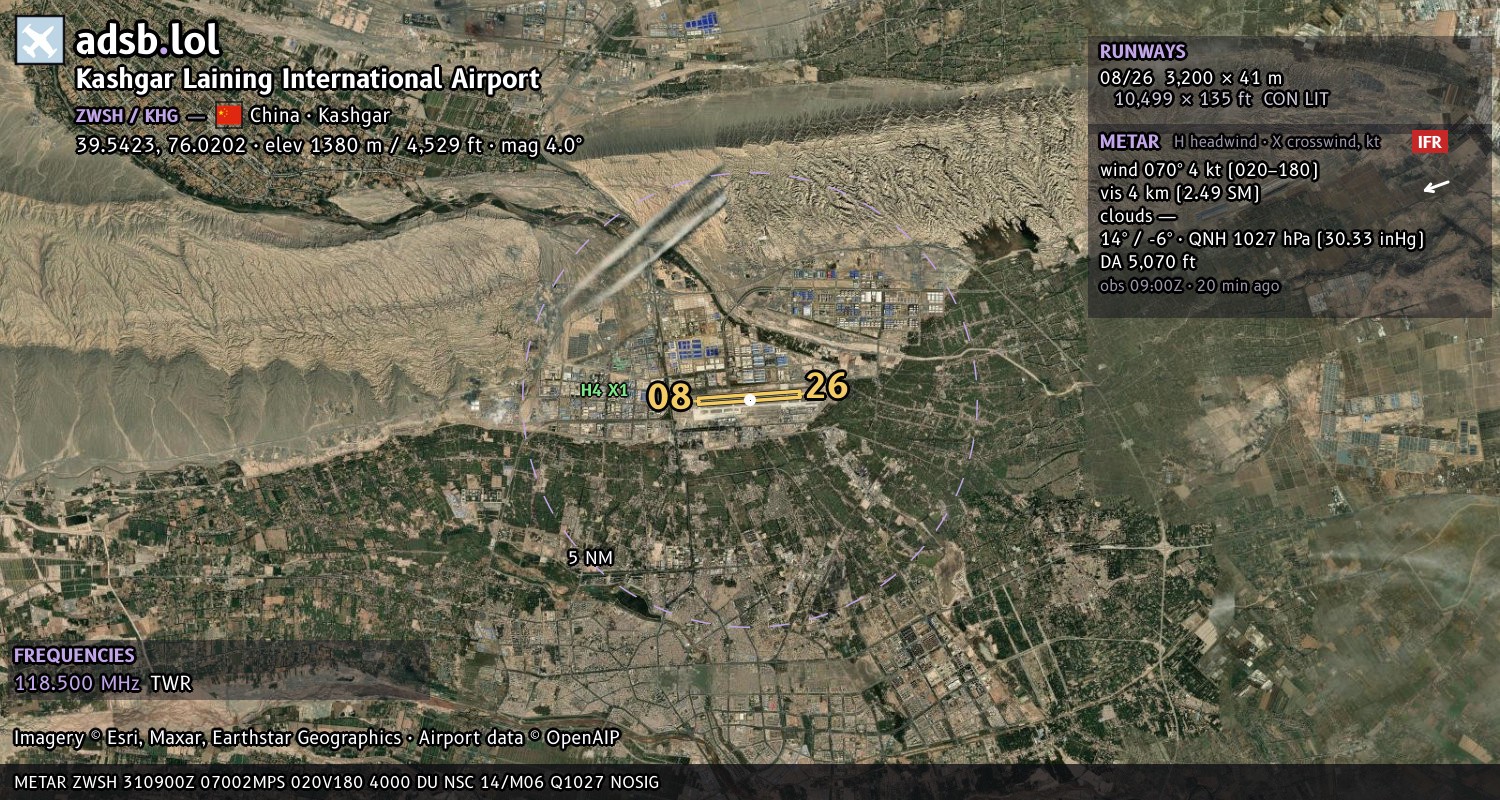 Satellite map with the runway layout of Kashgar Laining International Airport (ZWSH)