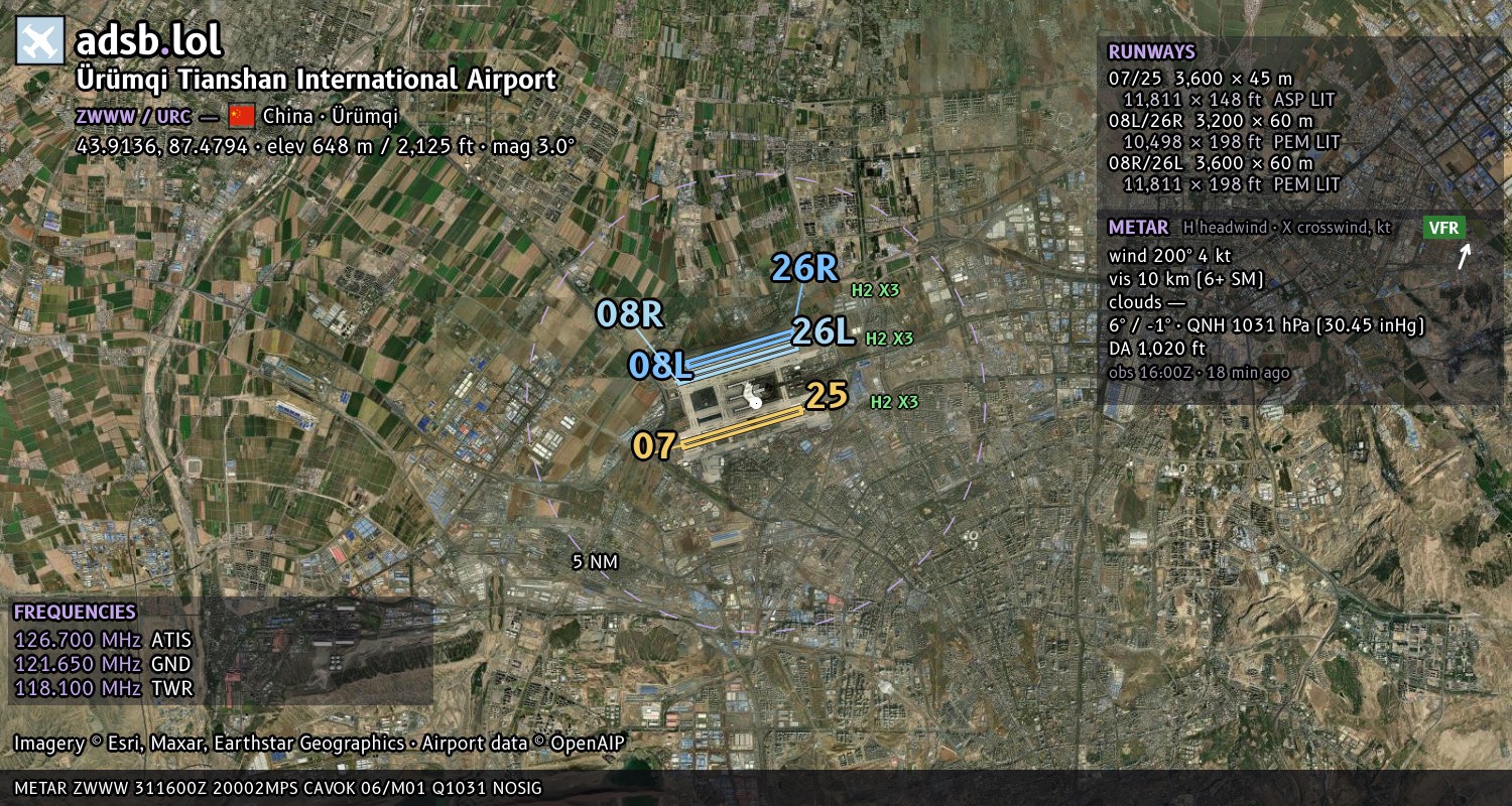 Satellite map with the runway layout of Ürümqi Tianshan International Airport (ZWWW)