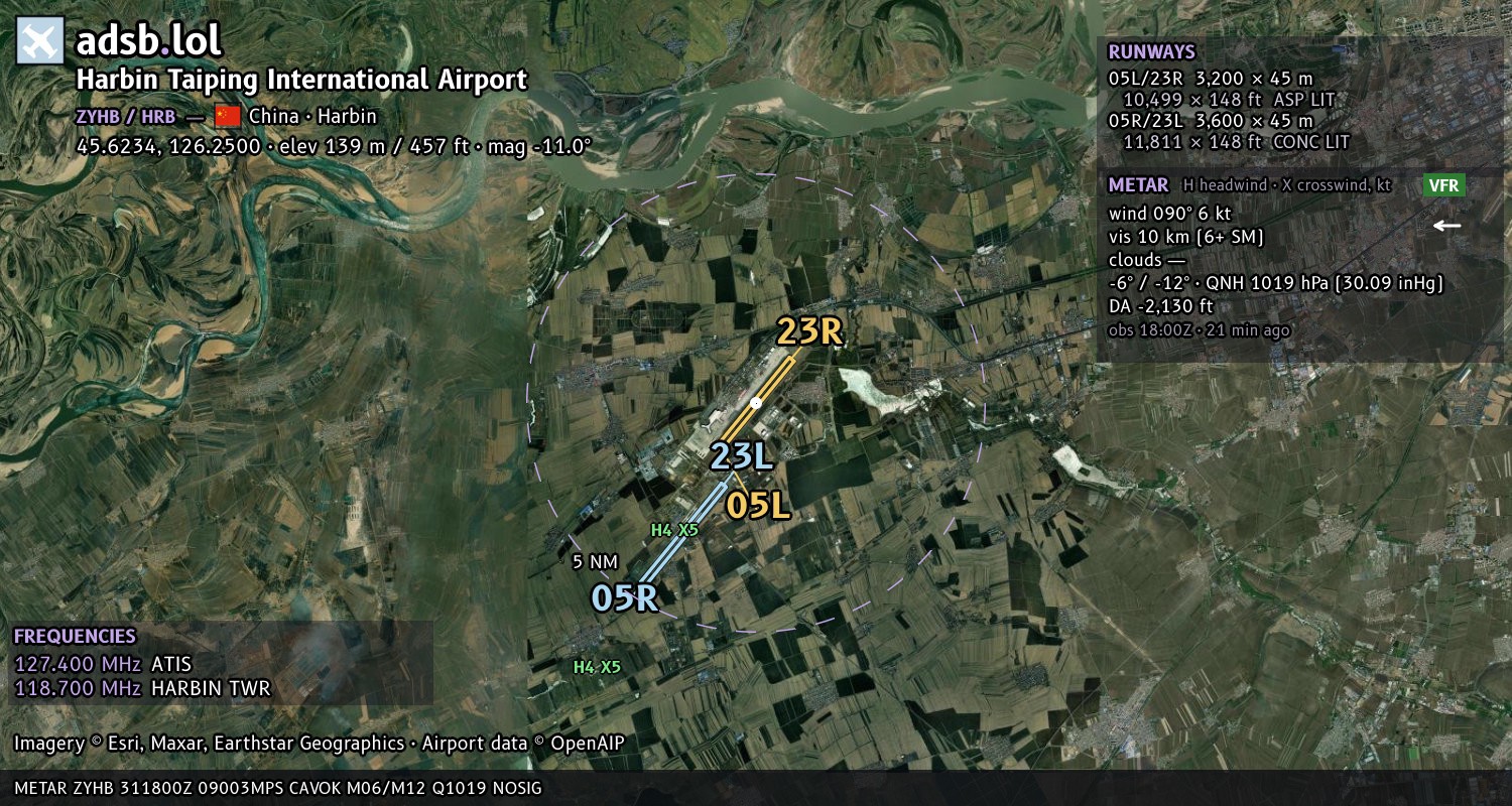 Satellite map with the runway layout of Harbin Taiping International Airport (ZYHB)