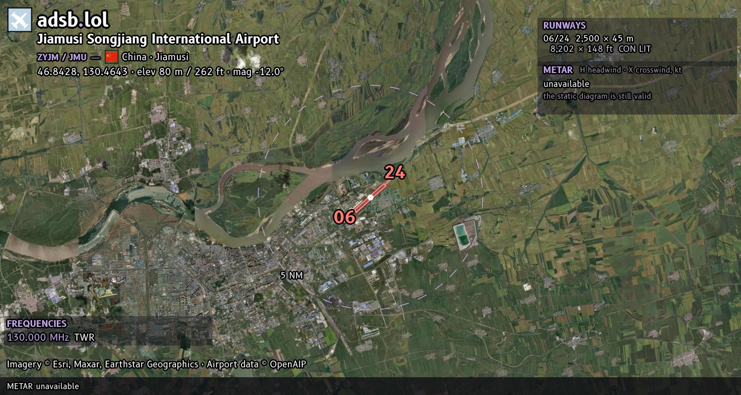 Satellite map with the runway layout of Jiamusi Songjiang International Airport (ZYJM)