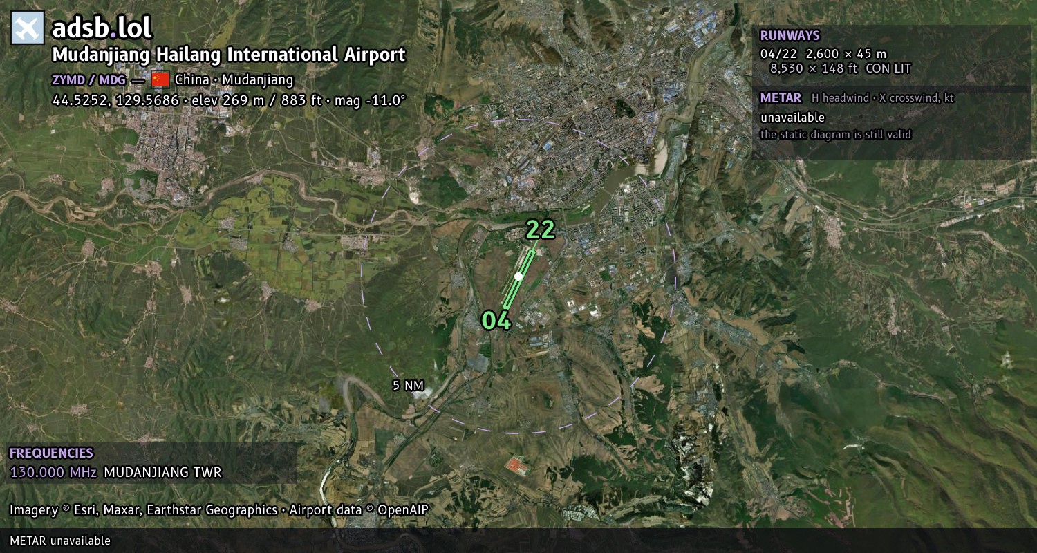 Satellite map with the runway layout of Mudanjiang Hailang International Airport (ZYMD)