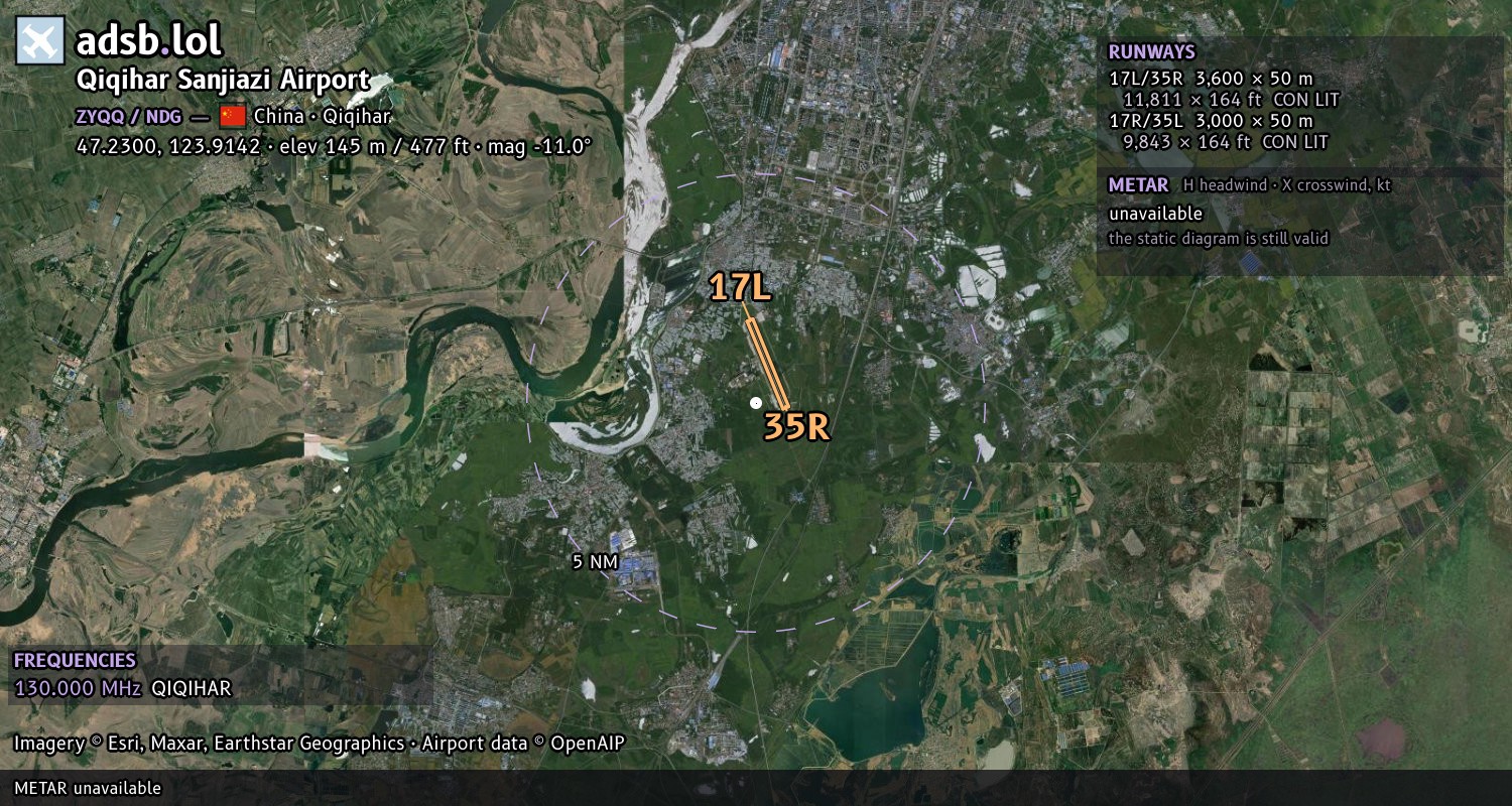 Satellite map with the runway layout of Qiqihar Sanjiazi Airport (ZYQQ)