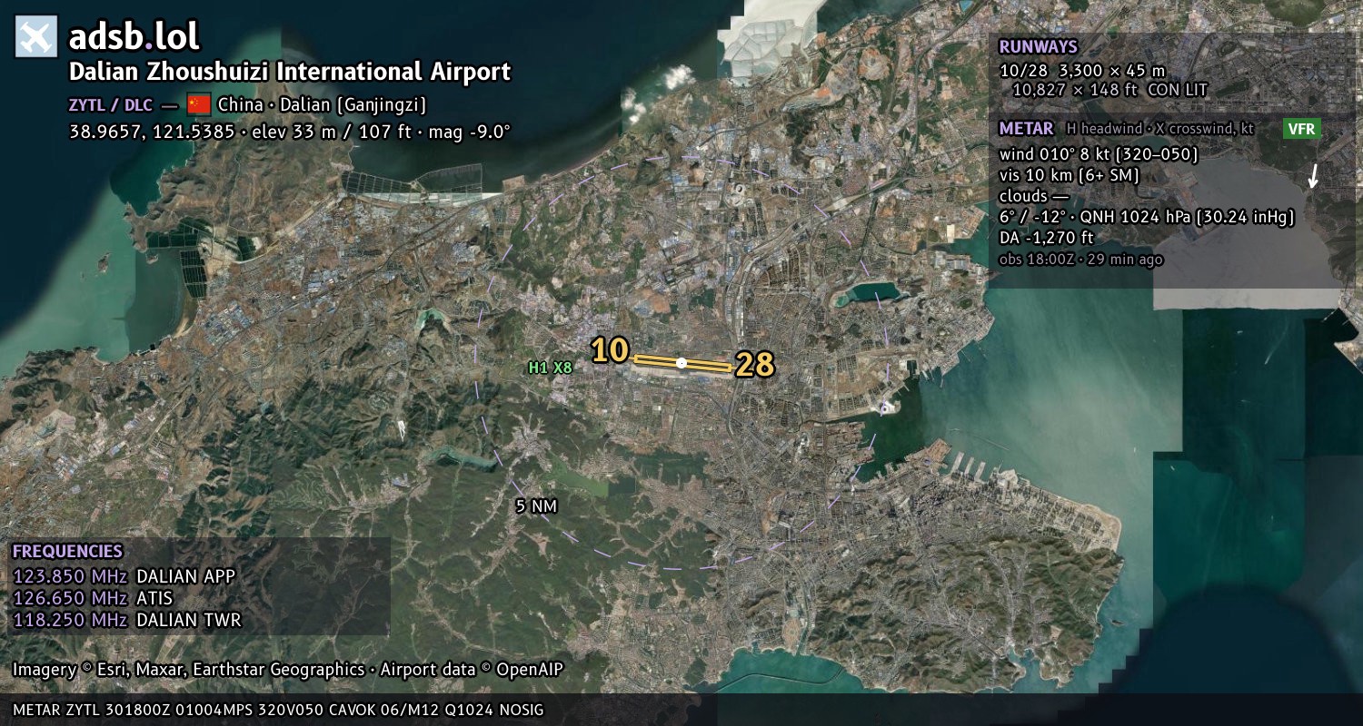 Satellite map with the runway layout of Dalian Zhoushuizi International Airport (ZYTL)