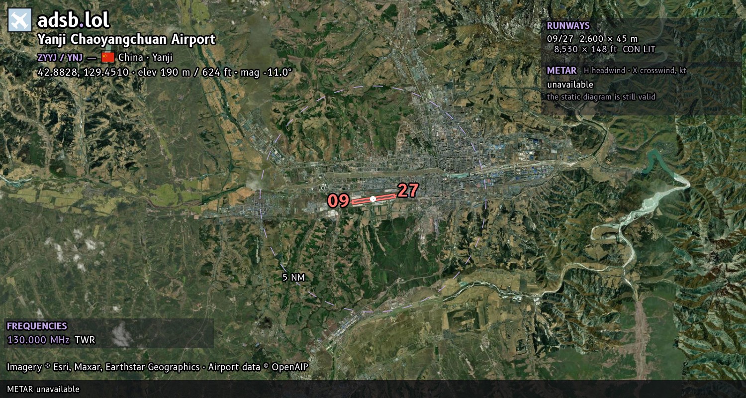Satellite map with the runway layout of Yanji Chaoyangchuan Airport (ZYYJ)